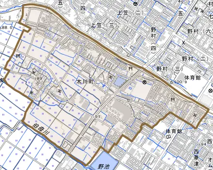木川町とその周辺の地図。町の範囲を重ねている