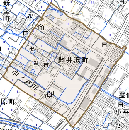 駒井沢町とその周辺の地図。町の範囲を重ねている