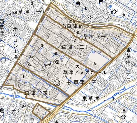 草津とその周辺の地図。町の範囲を重ねている