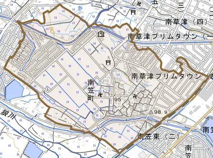 南笠町とその周辺の地図。町の範囲を重ねている