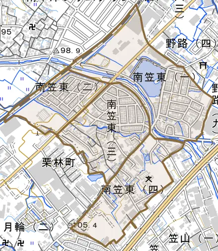 南笠東とその周辺の地図。町の範囲を重ねている