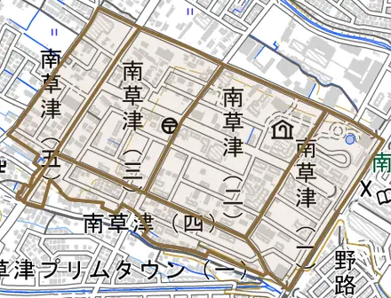 南草津とその周辺の地図。町の範囲を重ねている
