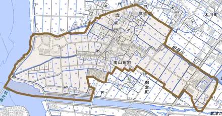 南山田町とその周辺の地図。町の範囲を重ねている