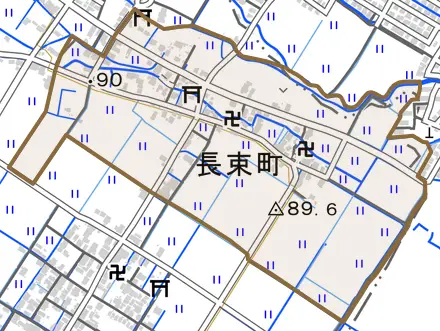 長束町とその周辺の地図。町の範囲を重ねている