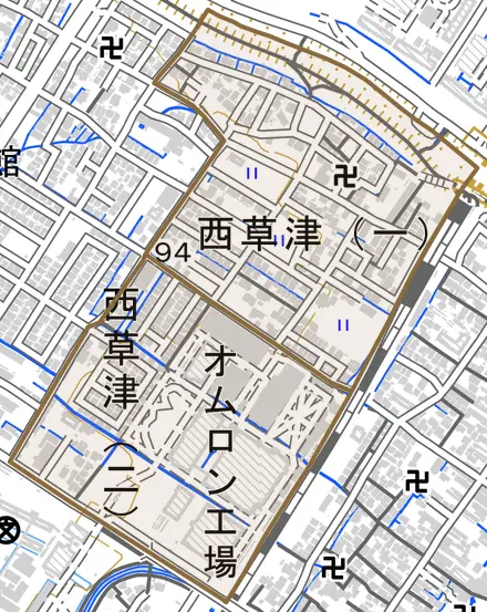 西草津とその周辺の地図。町の範囲を重ねている