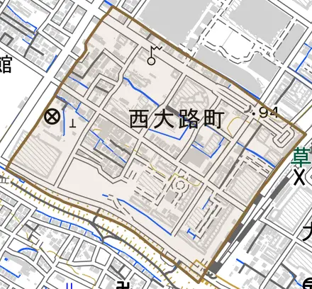 西大路町とその周辺の地図。町の範囲を重ねている