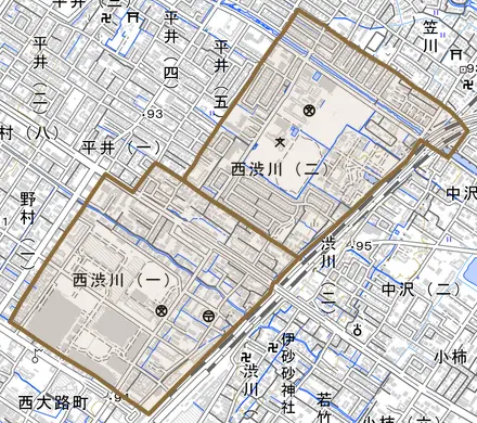 西渋川とその周辺の地図。町の範囲を重ねている