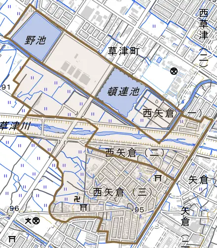 西矢倉とその周辺の地図。町の範囲を重ねている