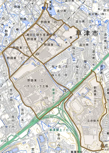 野路東とその周辺の地図。町の範囲を重ねている