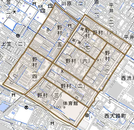 野村とその周辺の地図。町の範囲を重ねている