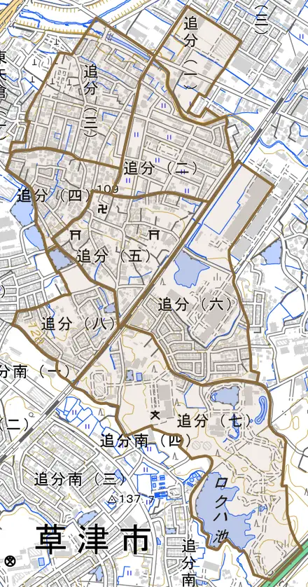追分とその周辺の地図。町の範囲を重ねている