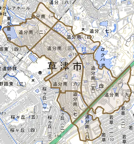 追分南とその周辺の地図。町の範囲を重ねている
