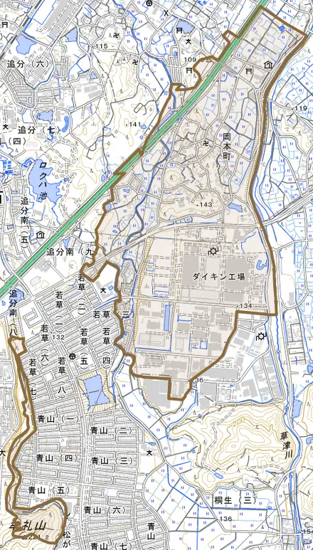 岡本町とその周辺の地図。町の範囲を重ねている