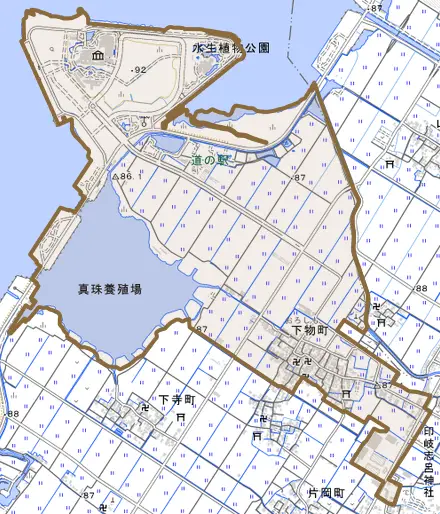 下物町とその周辺の地図。町の範囲を重ねている