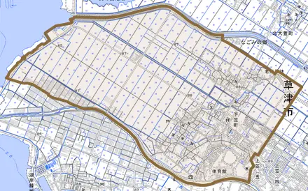 下笠町とその周辺の地図。町の範囲を重ねている