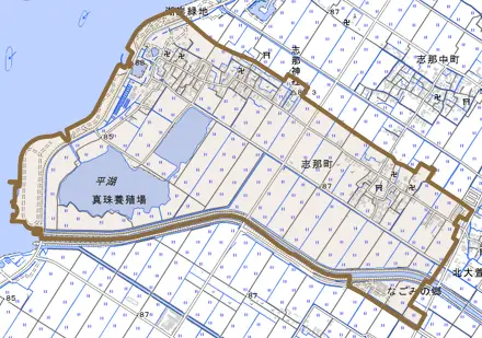 志那町とその周辺の地図。町の範囲を重ねている