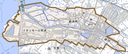 新浜町とその周辺の地図。町の範囲を重ねている