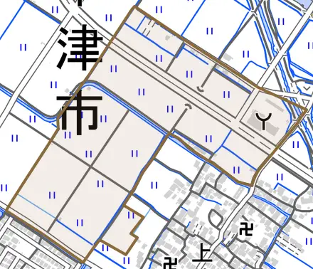 上笠町とその周辺の地図。町の範囲を重ねている
