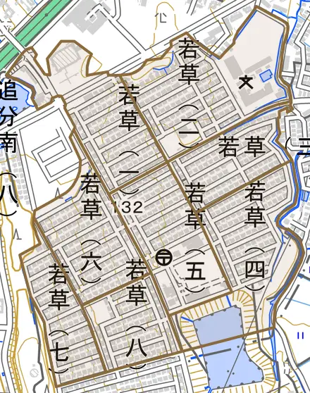 若草とその周辺の地図。町の範囲を重ねている