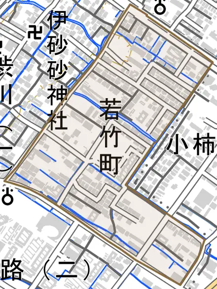 若竹町とその周辺の地図。町の範囲を重ねている