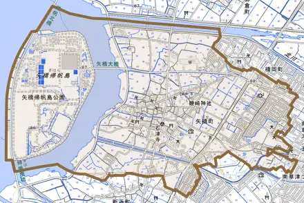 矢橋町とその周辺の地図。町の範囲を重ねている