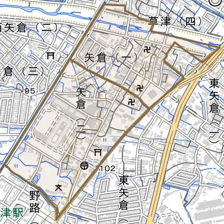 矢倉とその周辺の地図。町の範囲を重ねている