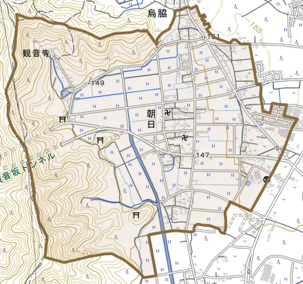 朝日とその周辺の地図。町の範囲を重ねている