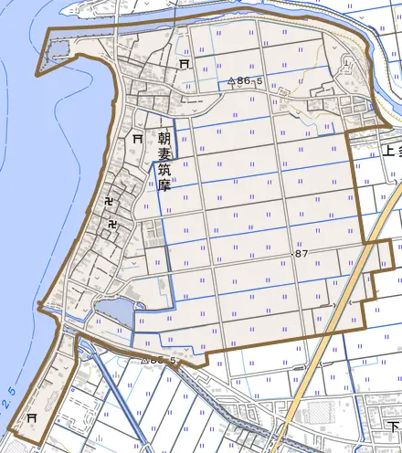 朝妻筑摩とその周辺の地図。町の範囲を重ねている