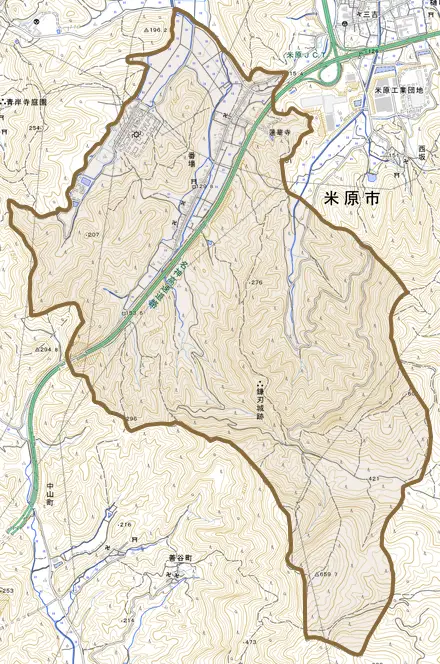 番場とその周辺の地図。町の範囲を重ねている