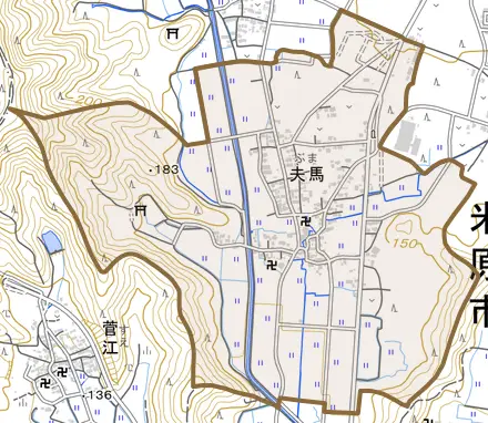 夫馬とその周辺の地図。町の範囲を重ねている