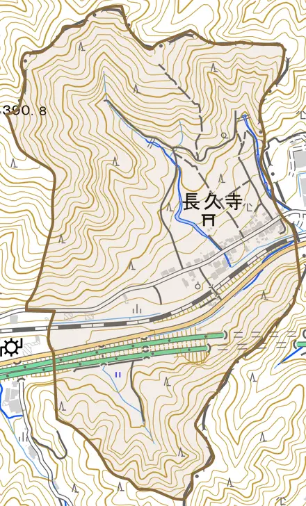 長久寺とその周辺の地図。町の範囲を重ねている