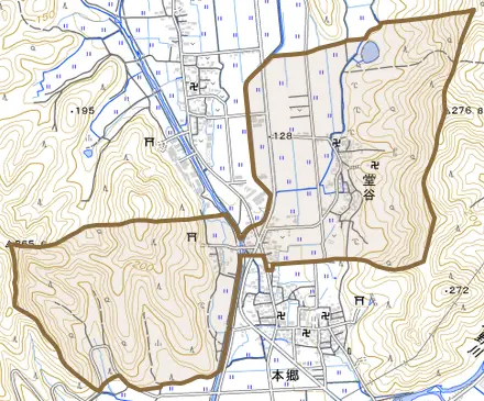 堂谷とその周辺の地図。町の範囲を重ねている