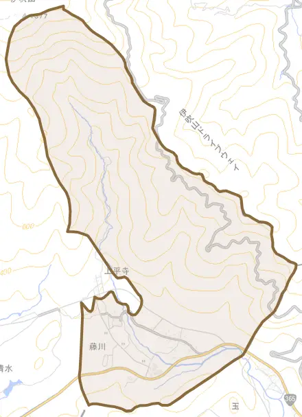 藤川とその周辺の地図。町の範囲を重ねている