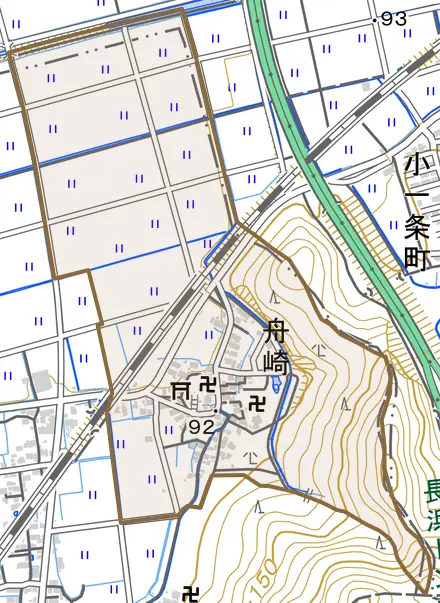 舟崎とその周辺の地図。町の範囲を重ねている