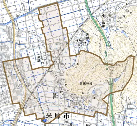 顔戸とその周辺の地図。町の範囲を重ねている