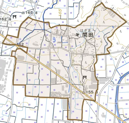 間田とその周辺の地図。町の範囲を重ねている