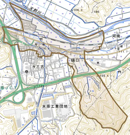 樋口とその周辺の地図。町の範囲を重ねている