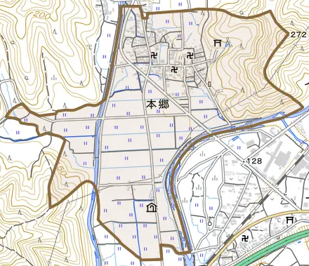 本郷とその周辺の地図。町の範囲を重ねている
