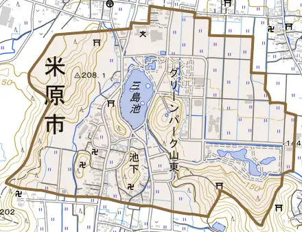 池下とその周辺の地図。町の範囲を重ねている