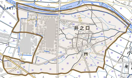 井之口とその周辺の地図。町の範囲を重ねている