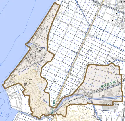 磯とその周辺の地図。町の範囲を重ねている