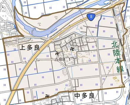 上多良とその周辺の地図。町の範囲を重ねている