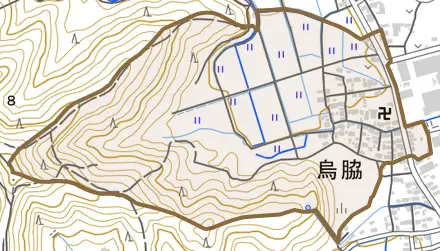 烏脇とその周辺の地図。町の範囲を重ねている