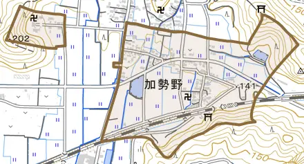 加勢野とその周辺の地図。町の範囲を重ねている