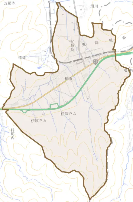 柏原とその周辺の地図。町の範囲を重ねている