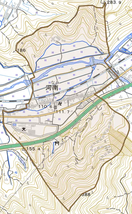 河南とその周辺の地図。町の範囲を重ねている