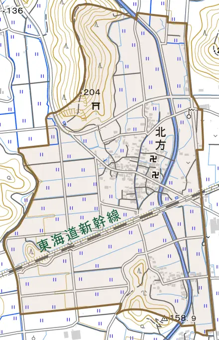 北方とその周辺の地図。町の範囲を重ねている
