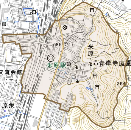 米原とその周辺の地図。町の範囲を重ねている