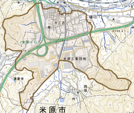 三吉とその周辺の地図。町の範囲を重ねている