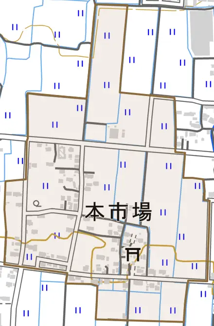 本市場とその周辺の地図。町の範囲を重ねている